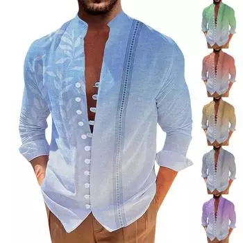 Новая мужская повседневная свободная рубашка в стиле ретро с длинными рукавами и принтом L синий