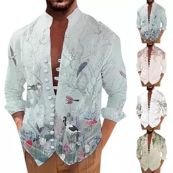 Новая мужская повседневная свободная рубашка в стиле ретро с длинными рукавами и принтом XXXXL зелёный