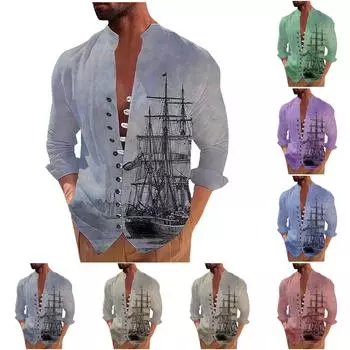 Новая мужская повседневная свободная рубашка в стиле ретро с длинными рукавами и принтом XL