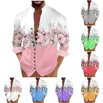 Новая мужская повседневная свободная рубашка в стиле ретро с длинными рукавами и принтом XXL розовый