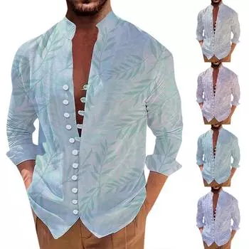 Новая мужская повседневная свободная рубашка в стиле ретро с длинными рукавами и принтом M серый