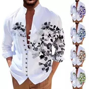 Новая мужская повседневная свободная рубашка в стиле ретро с длинными рукавами и принтом L чёрный