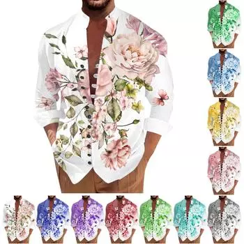 Новая мужская повседневная свободная рубашка в стиле ретро с длинными рукавами и принтом M синий