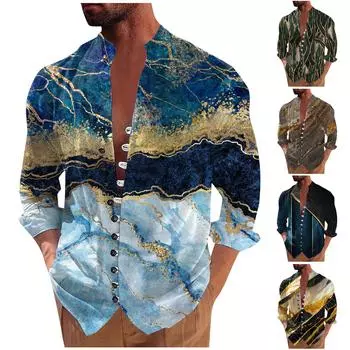 Новая мужская повседневная свободная рубашка в стиле ретро с длинными рукавами и принтом M зелёный