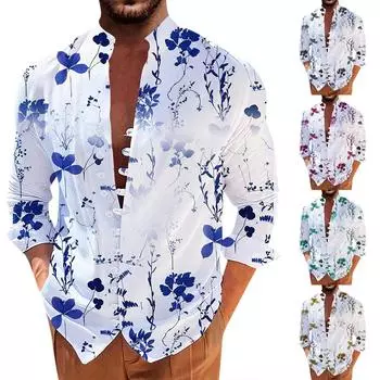 Новая мужская повседневная свободная рубашка в стиле ретро с длинными рукавами и принтом XL серый