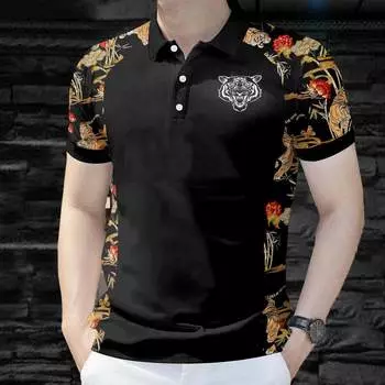 Новая мужская рубашка поло, простая футболка поло с тигровым принтом, мужская одежда с лоскутным принтом S