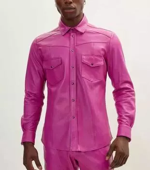 Новая мужская рубашка розового цвета, стильная, ручная работа, натуральная кожа, повседневная, для официальной вечеринки, из овчины S розовый
