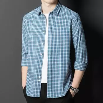 Новая мужская рубашка с длинными рукавами для молодежи и среднего возраста, деловая повседневная рубашка из настоящего ледяного шелка в клетку, деловая L