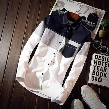 Новая мужская рубашка с контрастной строчкой, повседневная рубашка с длинными рукавами больших размеров, полосатая строчка XXL темно-синий