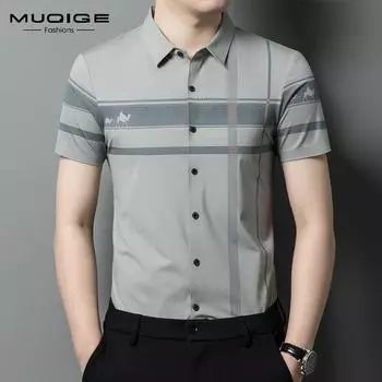 Новая мужская рубашка с короткими рукавами, летняя тонкая модная модная полосатая повседневная рубашка с короткими рукавами без железа, мужская молодежная рубашка M