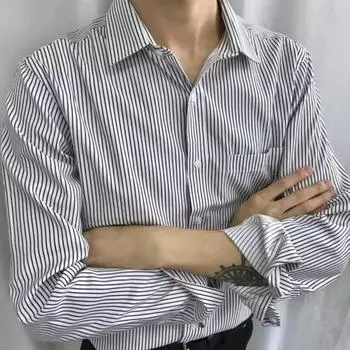 Новая мужская рубашка в полоску, свободная мужская тонкая повседневная деловая рубашка с длинными рукавами M чёрный