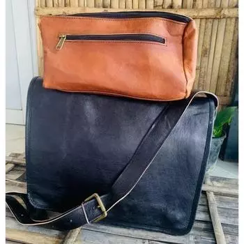 Новая мужская сумка для ноутбука из натуральной кожи в винтажном стиле ручной работы, черная сумка ( Бесплатный подарочный коричневый пакет для туалетных принадлежностей размером 9 x 5 x 4 дюйма ) 10 x 13 x 4 in чёрный