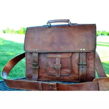Новая мужская сумка из натуральной козьей кожи, винтажная коричневая сумка через плечо для ноутбука, портфель 11x15x4 коричневый
