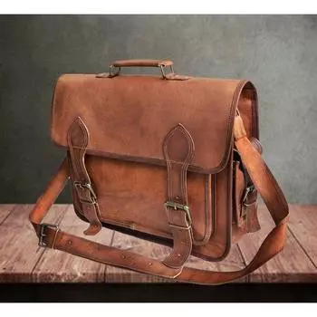 Новая мужская сумка из натуральной козьей кожи, винтажная коричневая сумка через плечо для ноутбука, портфель 11 x 15 x 4 in коричневый