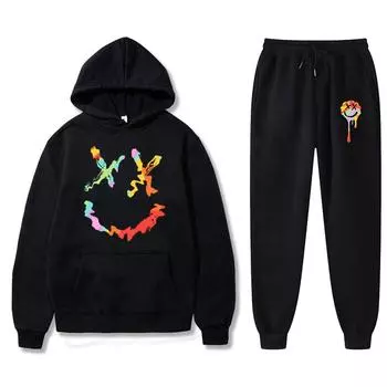 Новая мужская толстовка с принтом смайлика + модные штаны со смайликом на палочке, спортивная одежда на осень и зиму в стиле Харадзюку S