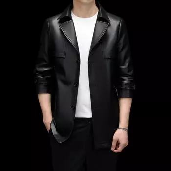 Новая мужская ветровка средней длины из натуральной кожи, модное и красивое кожаное пальто, модная куртка с воротником для молодежи и людей среднего возраста M