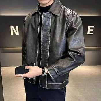 Новая мужская высококачественная куртка из искусственной кожи больших размеров, повседневная, в стиле ретро, с отворотом, кожаная куртка с лацканами для мотоциклистов PY004 3XL хаки