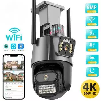 Новая наружная Wi-Fi PTZ-камера европейского стандарта 4K 8MP HD с двумя объективами и двойным экраном, AI, автоматическое отслеживание, видеонаблюдение, полицейская световая сигнализация iCSee