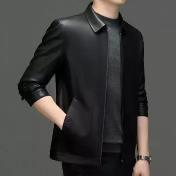 Новая натуральная кожаная куртка мужская тонкая с короткими лацканами для людей среднего и пожилого возраста кожаная куртка для папы M