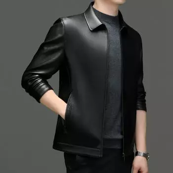 Новая натуральная кожаная куртка мужская тонкая с короткими лацканами для людей среднего и пожилого возраста кожаная куртка для папы M
