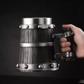 Новая немецкая кружка-ведро для пива, имитация дерева, винтажная кофейная чашка, креативная винтажная чашка из нержавеющей стали для чая, барная кружка для разливного пива 600ml