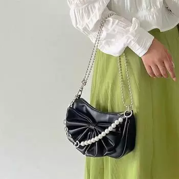 Новая нишевая сумка-мешок с бантом под мышкой, плиссированная сумка через плечо с бисером, осенне-зимняя женская сумка