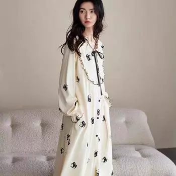 Новая ночная рубашка женская хлопковая пижама платье для девочек средней длины весна-осень пижама женская свободная повседневная пижама M