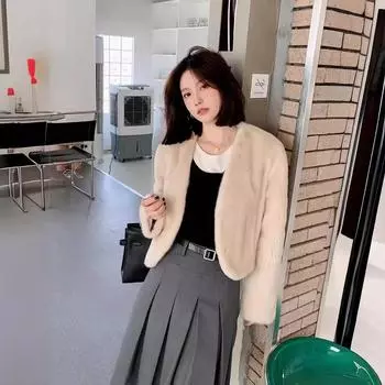 Новая норковая бархатная эко-шуба из искусственной норки, женская шуба с V-образным вырезом, короткая, модный мех Haining S