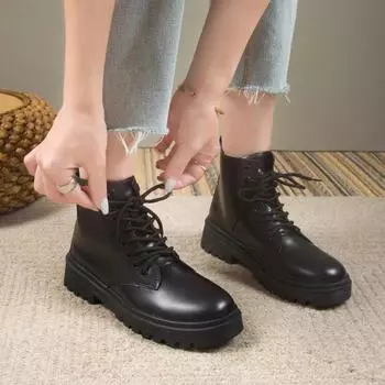 Новая обувь на платформе, женские ботинки с круглым носком на молнии, весенне-осенняя модная женская обувь до щиколотки, черные женские ботинки на шнуровке, обувь большого размера 35 чёрный