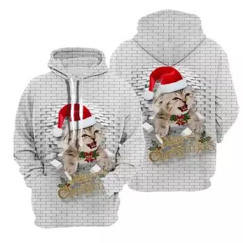 Новая одежда для фестиваля Санта-Клауса, топы с кошками из полиэстера с 3D-принтом, популярный свитер с длинным рукавом и рваной стеной, унисекс, рождественская толстовка с капюшоном S