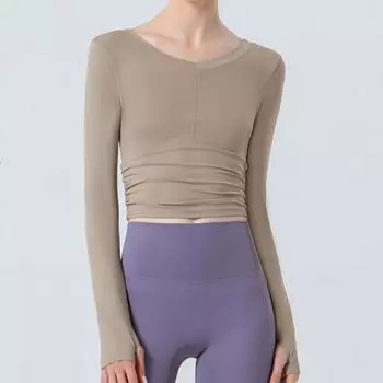 Новая одежда для йоги с длинными рукавами, женская с V-образным вырезом, плиссированная, облегающая, с открытым пупком, быстросохнущая, дышащая одежда для фитнеса S чёрный
