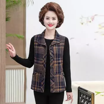 Новая одежда для мам осенний жилет с лацканами одежда для женщин среднего и пожилого возраста весна и осень клетчатая жилетка куртка XL (recommended 90-52.5kg)