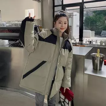 Новая одежда из Южной Кореи с пуховой подкладкой из хлопка, женская короткая спортивная зимняя куртка с капюшоном, утолщенная черно-белая одежда с хлопковой подкладкой S белый