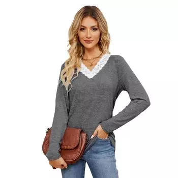 Новая однотонная кружевная футболка с V-образным вырезом в стиле пэчворк, свободная, с длинными рукавами S серый