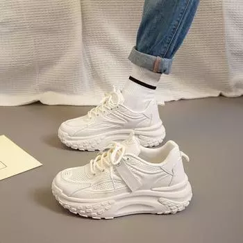 Новая однотонная модная женская обувь с круглым носком, сетчатая, кружевная, одноцветная, Нескользящая, износостойкая, удобные повседневные кроссовки для бега 35