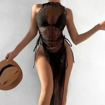 Новая однотонная сетчатая блузка с разрезом, пляжная юбка, бикини, перспективный сексуальный купальник для женщин S чёрный