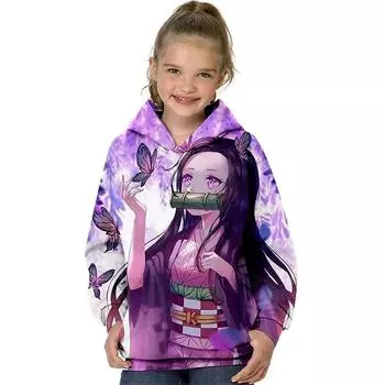 Новая осень-зима детская толстовка с капюшоном Demon Slayer, мультяшный пуловер, повседневная одежда с длинным рукавом и капюшоном для мальчиков и девочек, модное пальто со шляпой 100CM