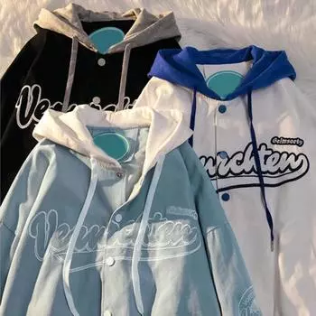 Новая осенне-весенняя модная бейсбольная форма от кутюр, мужская универсальная однобортная куртка с капюшоном и красными буквами, вышитая XL светло-синий