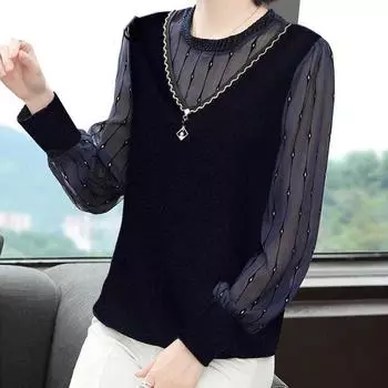 Новая осенне-весенняя стильная шифоновая рубашка, шикарная элегантная блузка с круглым воротником, женский топ с длинными рукавами, пуловер XXXXXXL синий