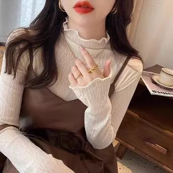 Новая осенне-зимняя бархатная теплая и облегающая рубашка с длинными рукавами, женская футболка с полуворотником и кружевным топом S