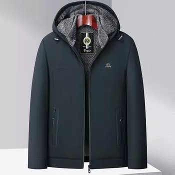 Новая осенне-зимняя бархатная утолщенная куртка с капюшоном для людей среднего и пожилого возраста, мужская повседневная куртка, теплая мужская куртка для папы L чёрный