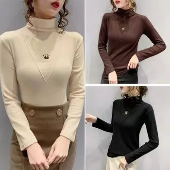 Новая осенне-зимняя бархатная женская рубашка с принтом, высокий ворот, облегающий крой, длинный рукав, повседневный тонкий теплый топ M чёрный