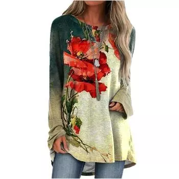 Новая осенне-зимняя футболка женская с длинными рукавами элегантный пуловер с цветочным принтом женские винтажные топы с круглым вырезом негабаритные базовые рубашки M