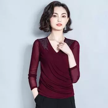 Новая осенне-зимняя футболка женская с длинными рукавами и V-образным вырезом, облегающая и тонкая в иностранном стиле, нижняя часть рубашки, верхняя часть M