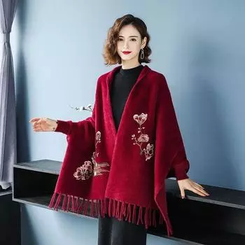 Новая осенне-зимняя коллекция толстых вышитых шалей с рукавами для женщин, парная накидка с кисточками для верхней одежды, вязаный свитер красный