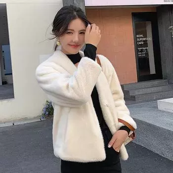 Новая осенне-зимняя короткая интегрированная куртка из искусственного меха норки с V-образным вырезом в стиле принцессы бежевого цвета, милая знаменитость, молодая S (90-52.5kg recommended) жемчужина белый