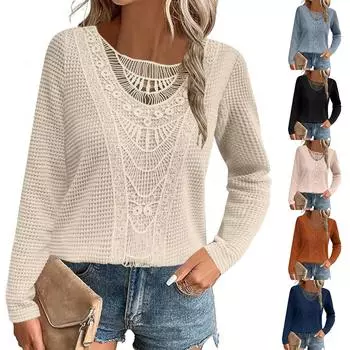 Новая осенне-зимняя кружевная вышивка в клетку ананас с длинными рукавами футболка для женщин L бежевый