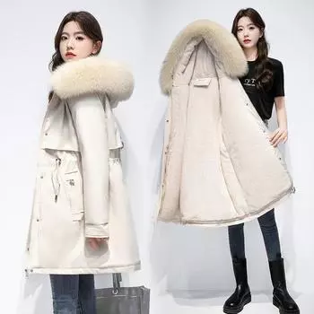 Новая осенне-зимняя куртка из бархата и пуховика женская с длинной толстой талией M хаки