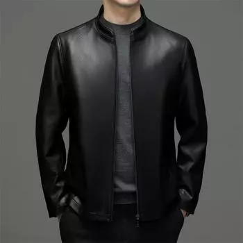 Новая осенне-зимняя куртка среднего возраста из натуральной кожи с воротником-стойкой, мужская облегающая повседневная кожаная куртка для папы из овчины 170