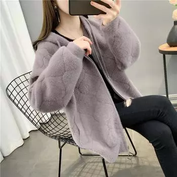 Новая осенне-зимняя модная свободная утолщенная куртка из искусственного норкового бархата с капюшоном, женский вязаный кардиган, женские топы, верхняя одежда M